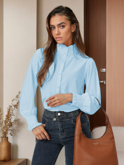 2025 new cross-border European and American simple lotus leaf shirt collar long sleeve plus-size shirt spring and summer versatile casual business
