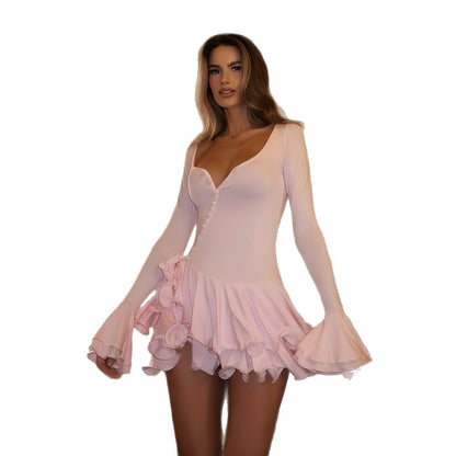 Amazon's new cross-border hot selling women's temperament single-breasted flared long sleeve slim ruffled dress in autumn