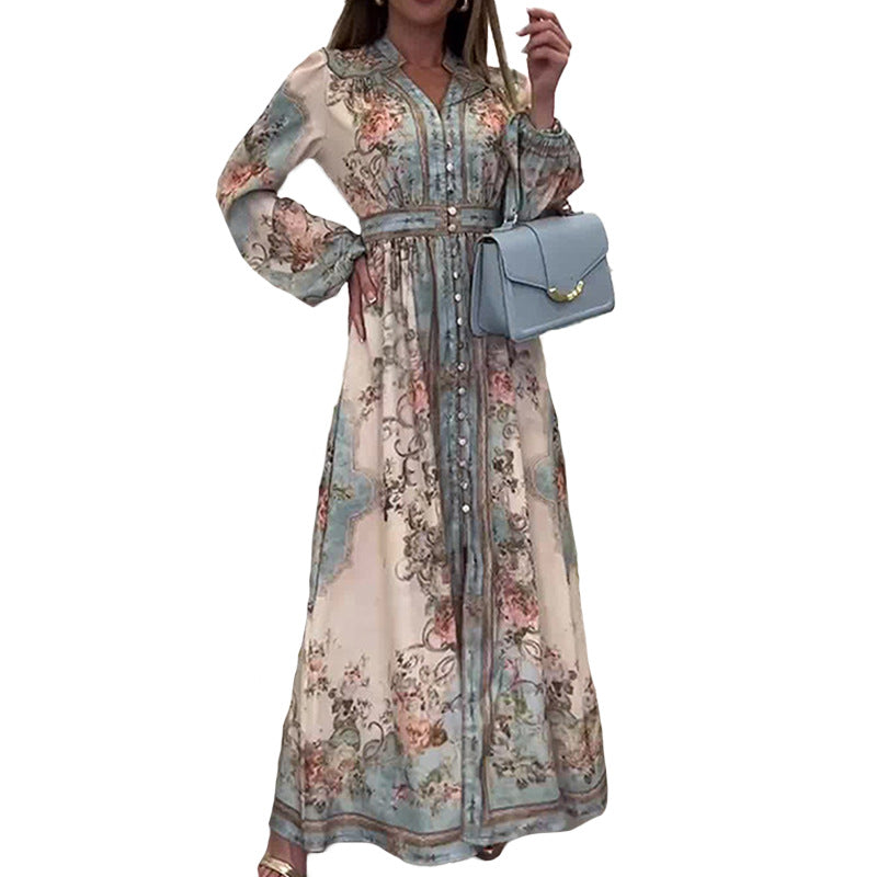 2026 spring new cross-border Amazon European and American clothing retro temperament printed long sleeve large waist dress