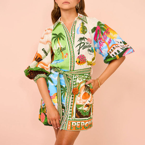 European and American cross-border women's clothing 2024 independent station casual fashion printed lace-up cardigan temperament short dress women