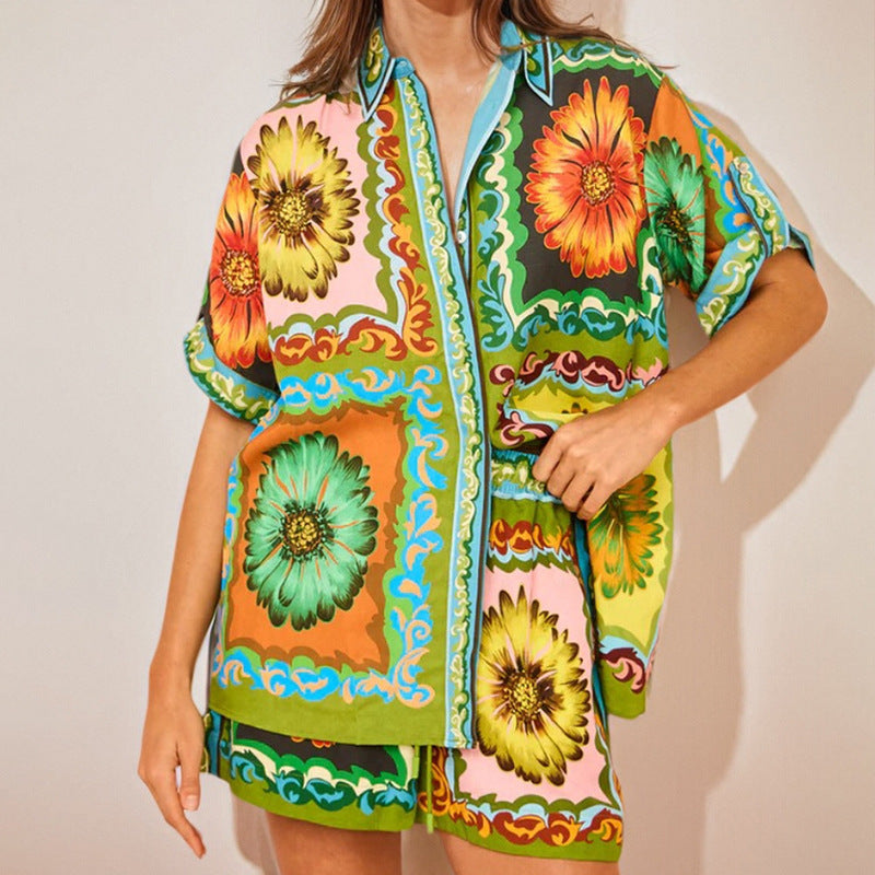 Cross-border spring 2026 new European and American clothing suits fashion printed lapels short-sleeved shirts and shorts casual suits