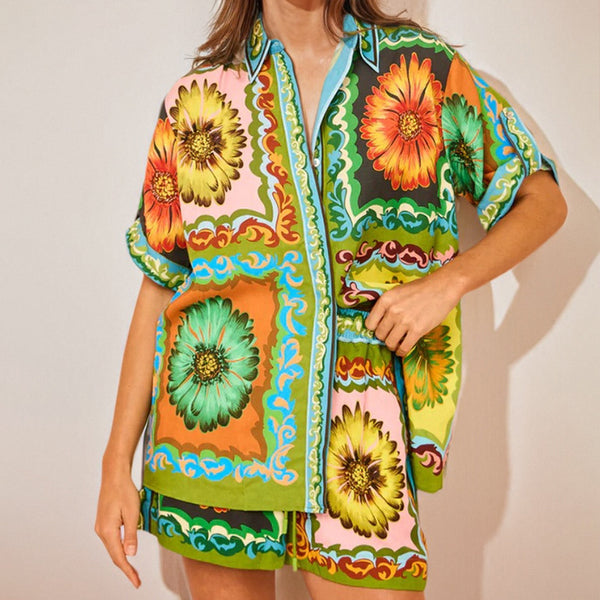 Cross-border spring 2026 new European and American clothing suits fashion printed lapels short-sleeved shirts and shorts casual suits