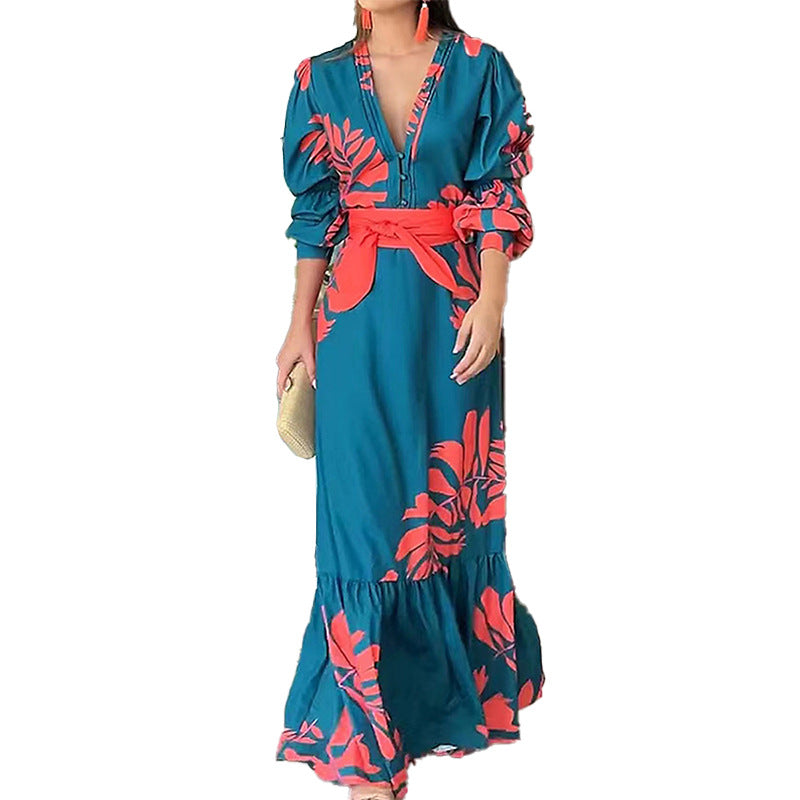 2026 spring new cross-border European and beautiful fashion temperament printed hundred towers long skirt lace-up waist dress