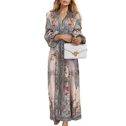 2026 dress cross-border European and American clothing new elegant V-neck fashion print long sleeve European and American dress