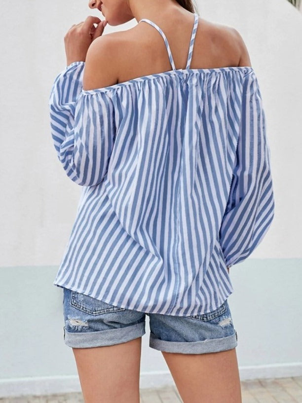 Europe and the United States 2023 cross-border Amazon spring and autumn new tops striped sexy fashion one-shoulder shirt top for women