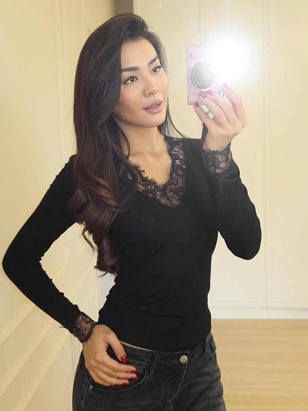Foreign trade European and American style women's autumn and winter new sexy V-neck lace patchwork waist crop long sleeve top for women | Ciaura