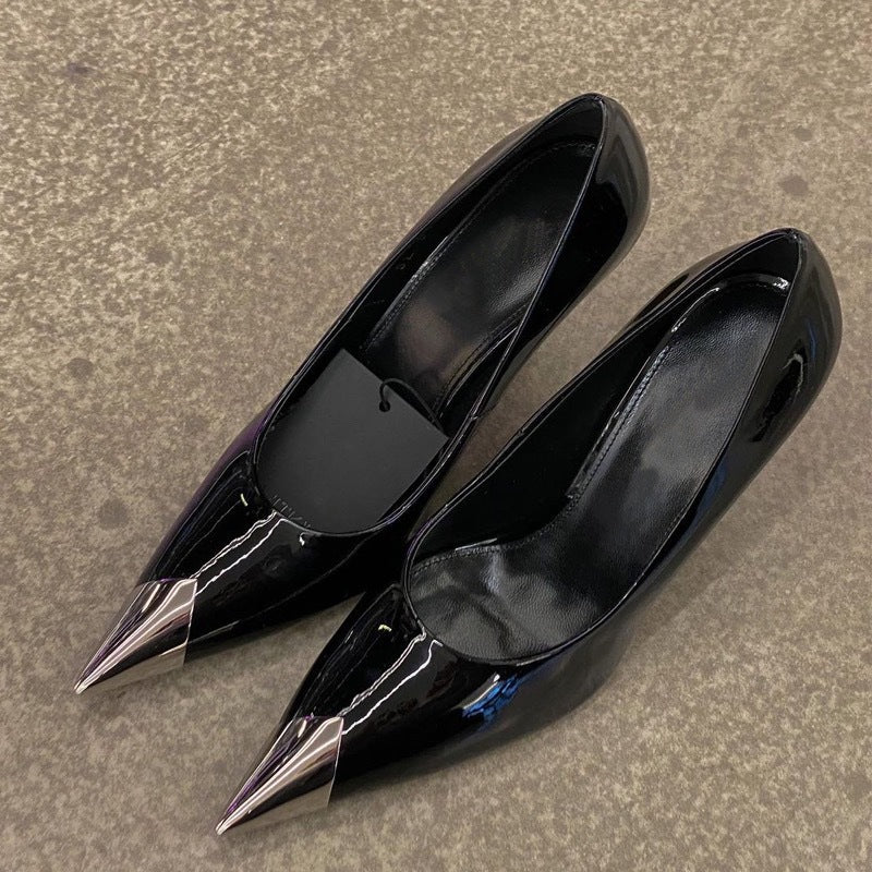 XD Huizhou City Autumn New Patent Leather Single Shoes Woolen Shoes Black Thin Heel European and American Fashion Temperament Metal Pointed Toe