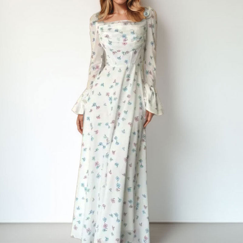 Cross-border spring 2026 European and beautiful clothing temperament elegant floral pleated fairy waist flared sleeve women's fluttering dress
