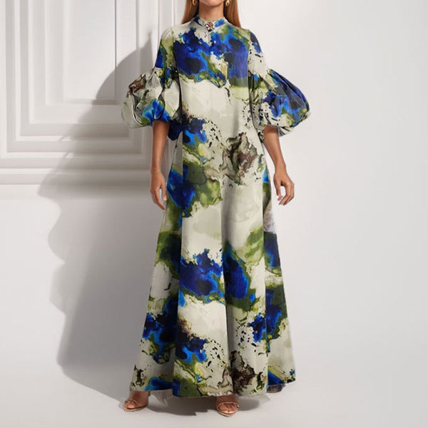 2026 spring new cross-border European and beautiful women's clothing elegant plant print puff sleeve dress for women