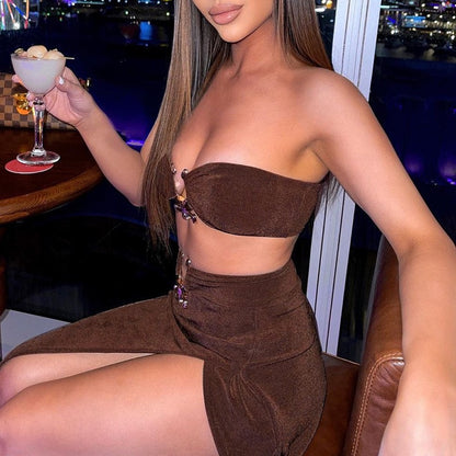 European and American style cross-border foreign trade women's hot girls niche metal decoration sexy crop top bandeau semi-slit midi skirt