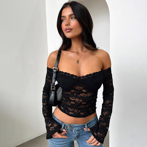 European and American women's clothing autumn new hot girl style one-shoulder fashion long sleeve sexy lace cut-out top cross-border wholesale
