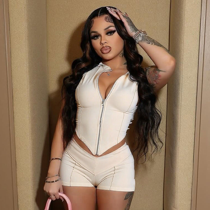 Cross-border spring and summer new European and American women's solid color lapel zipper slim crop top high waist tight shorts set