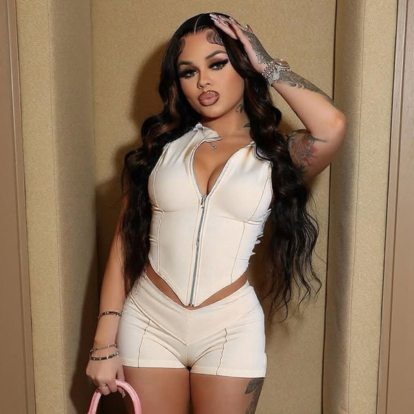 Cross-border spring and summer new European and American women's solid color lapel zipper slim crop top high waist tight shorts set
