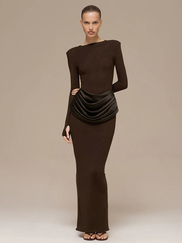 Cross-border autumn and winter new European and beautiful clothing temperament celebrity style solid color long sleeve slim pleated hip wrap dress for women