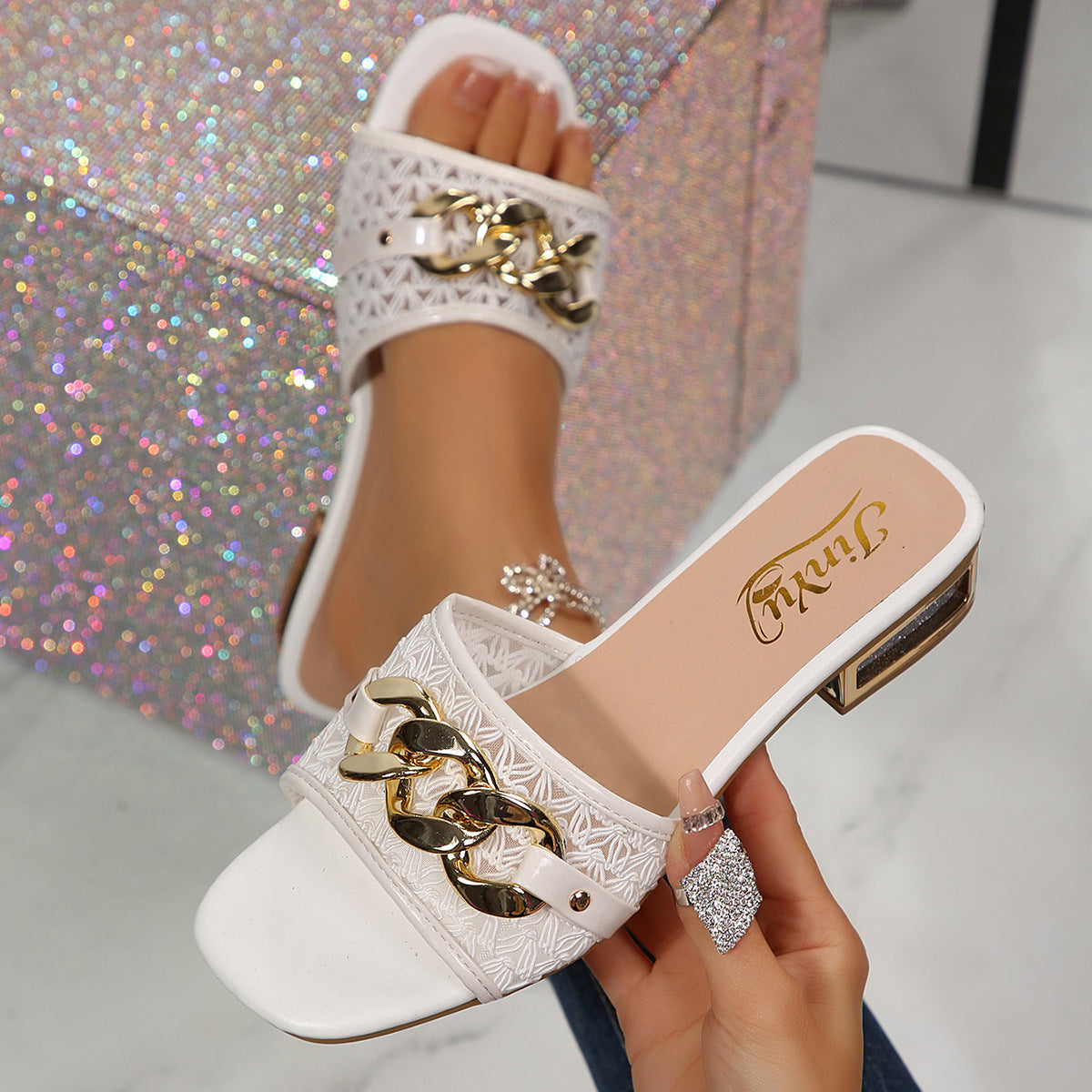 European and American cross-border foreign trade wholesale high-heeled sandals for women, elegant chain decorative buckle square-toe sandals