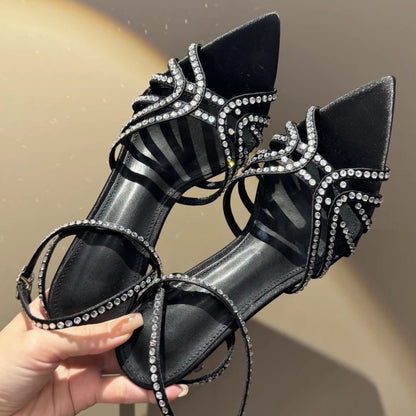 YX2026 New Rhinestone Black Stiletto Heel Sexy Satin Open Toe Pointed Toe Straight Strap Cross Thin Band Sandals for Women