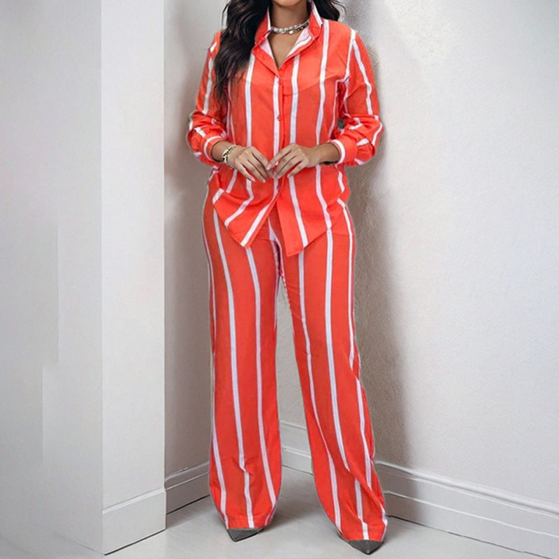 Cross-border 2025 Amazon Spring New European and American Clothing Printed Striped Shirt Top Pants Suit for Women