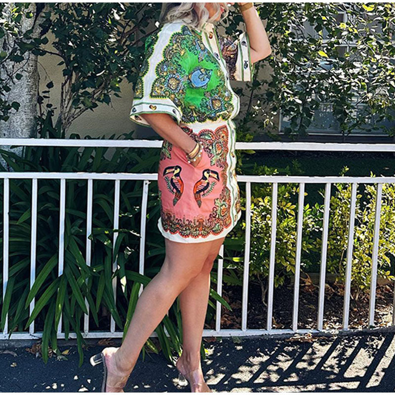 2026 Spring New Cross-border European and American Lapel Printed Shirt Dress Fashion Casual Slim Fit Short Dress