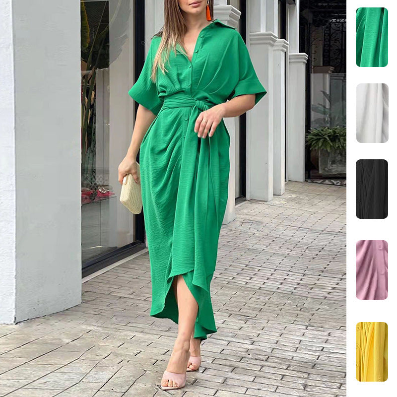 Spring 2026 European and American cross-border women's fashion lapel mid-length short-sleeved single-breasted high-waisted shirt dress dress