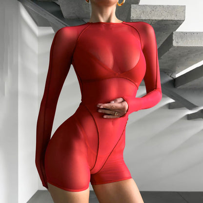 Foreign Trade Wholesale 2025 Summer New European and American Clothing Hot Girl Style Sexy Backless Mesh Print Sheer Jumpsuit