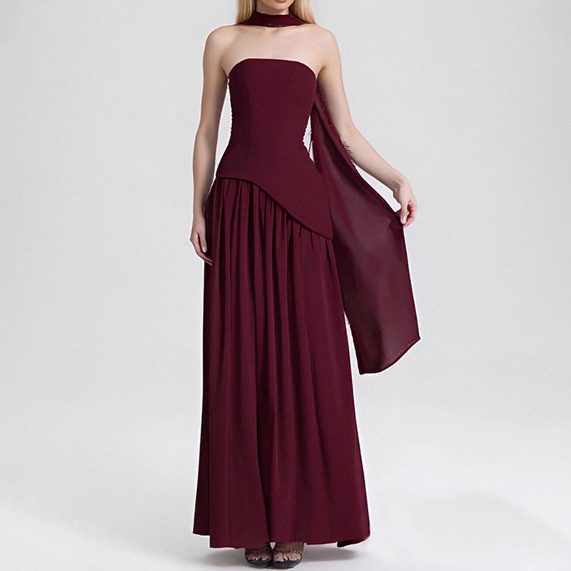 2025 European and American cross-border women's bandeau solid color slit dress fashion sexy backless high slit long skirt new style