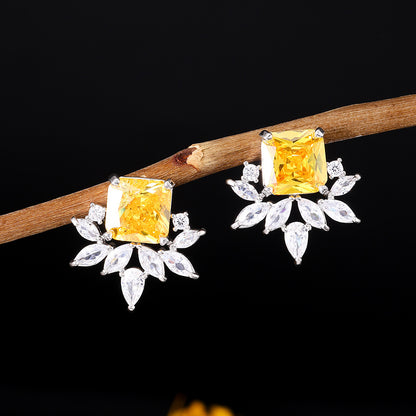 Cross-border light luxury sugar cube yellow diamond earrings, snowflake zircon earrings, niche, high-end and versatile light luxury foreign trade accessories