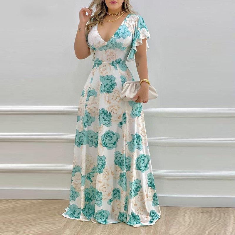 2026 Amazon cross-border new European and American clothing temperament V-neck waist printed long skirt fashion European and American dress