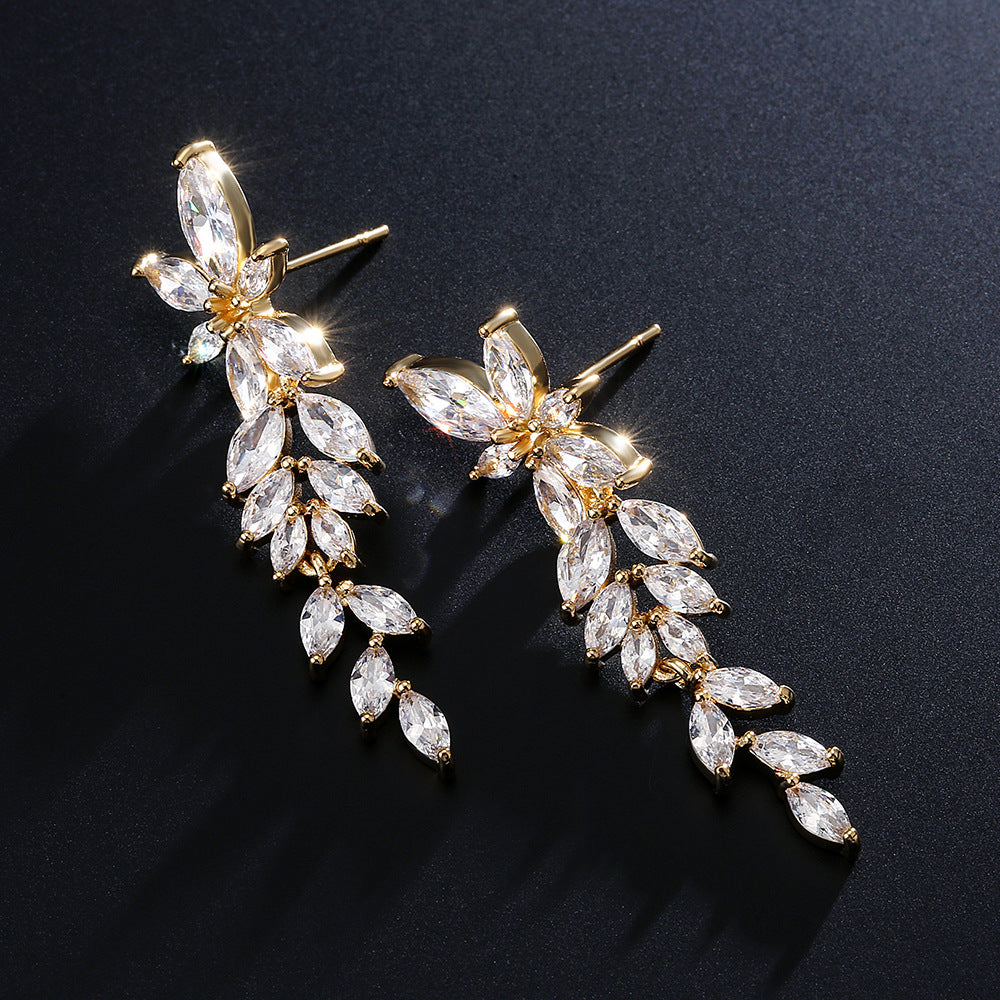 RAKOL European and American fashion trend full-set maressee zircon petal earrings with a super fairy-like elegance long tassel studs