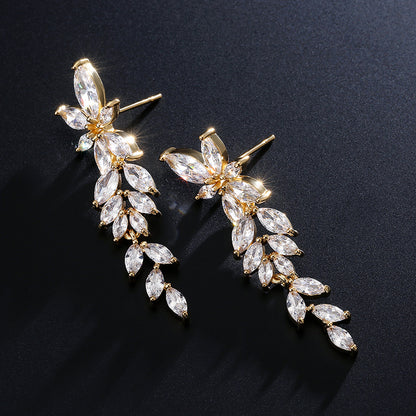 RAKOL European and American fashion trend full-set maressee zircon petal earrings with a super fairy-like elegance long tassel studs