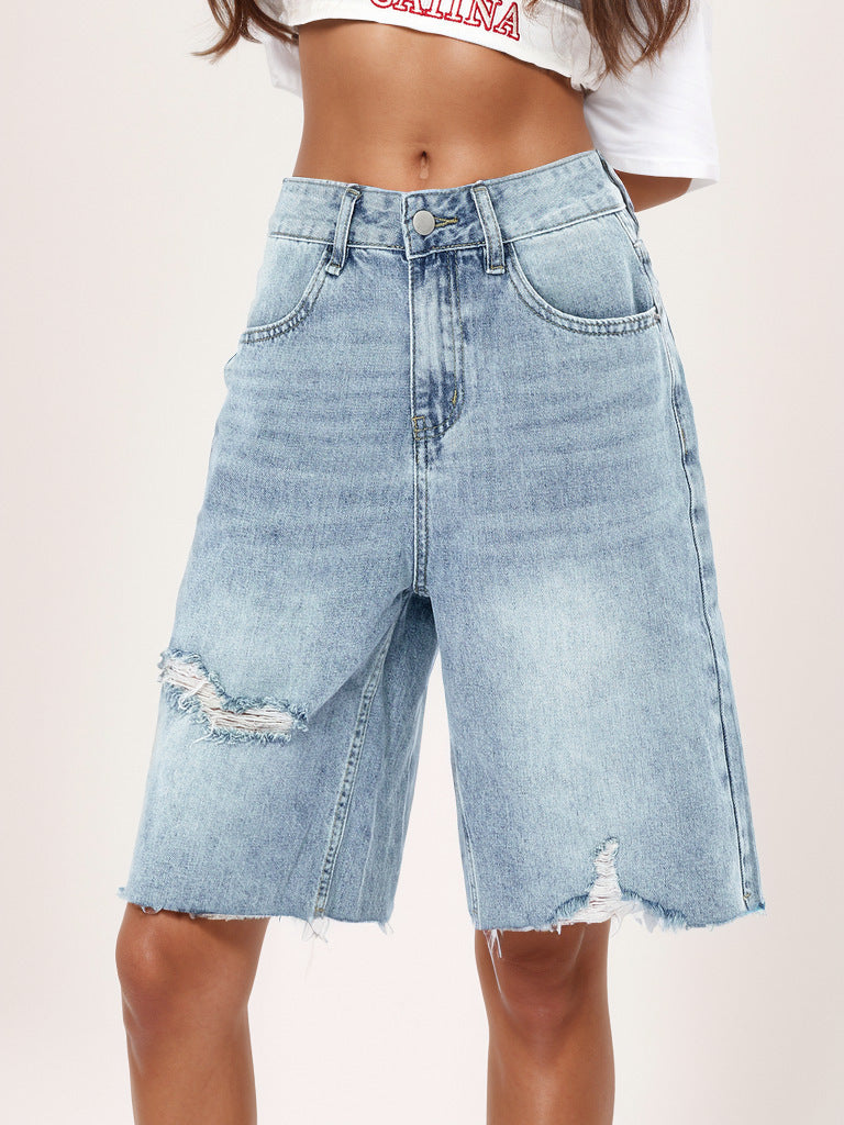 2025 cross-border summer American high-waisted retro worn jeans women's distressed loose raw edge cropped pants are cool