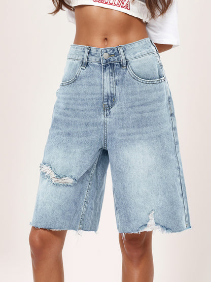 2025 cross-border summer American high-waisted retro worn jeans women's distressed loose raw edge cropped pants are cool