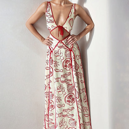 2025 Amazon European and American Women's French Style Sundress Temperament Print Casual Tie Waistless Sexy Dress