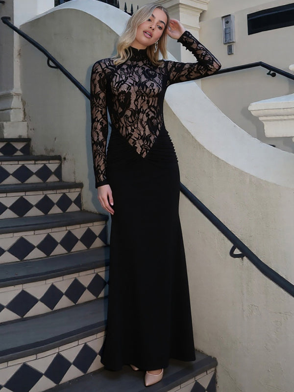 Foreign trade autumn and winter new women's clothing European and American style sexy hollow see-through lace spliced long sleeve slim hip wrap dress - view 2 | Ciaura