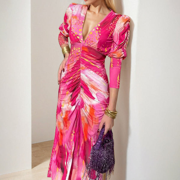 2026 spring-spring cross-border Amazon European and beautiful clothing temperament elegant and fashionable V-neck pleated waist dress