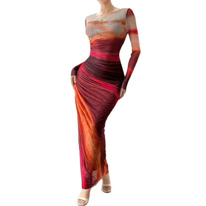 2025 cross-border Amazon spring European and beautiful women's clothing temperament is elegant and sexy, slim-fitting, long-waisted, long-sleeved dress