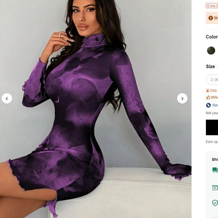 2025 Amazon European and Beauty Spring and Autumn New Tie-dye Long Sleeve Sheer Slim Hot Girl Slit Dress Female