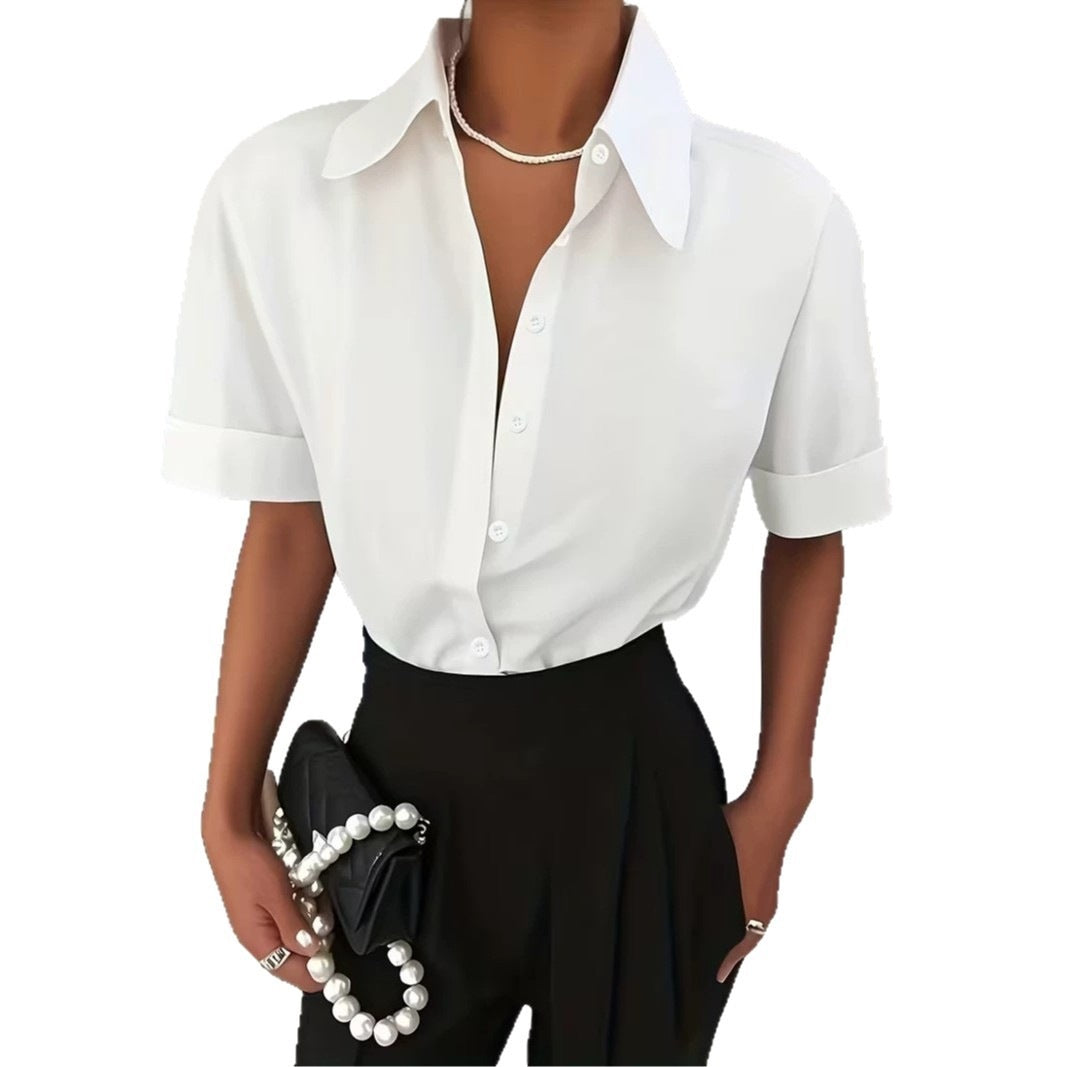 Cross-border European and American short-sleeved shirt for women, summer French-style drapey temperament, light luxury high-end short-sleeved shirt top