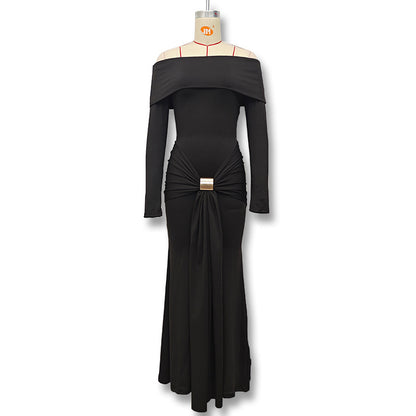 European and American autumn and winter new women's fashion solid color sexy one-shoulder metal decoration waist strap hip wrap dress