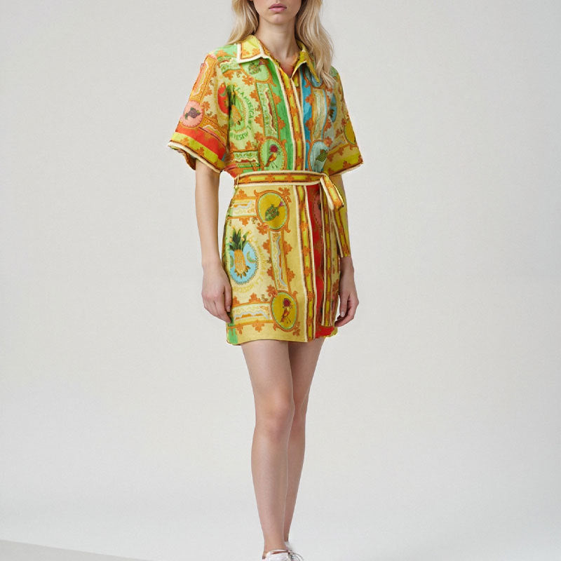 2026 spring new cross-border Amazon European and American fashion printed temperament lapel strap short-sleeved dress