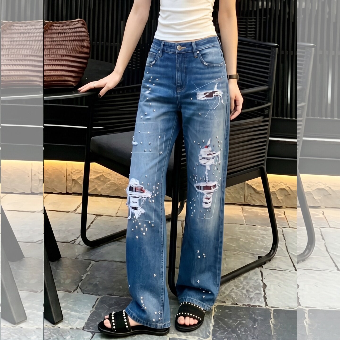 American-style heavy-duty studded jeans for men and women, summer high street design ripped pants, vintage washed straight-leg pants