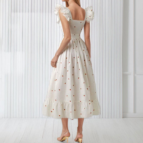 2026 spring new cross-border European and beautiful fashion French square neck flying flying sleeve floral cinched waist dress