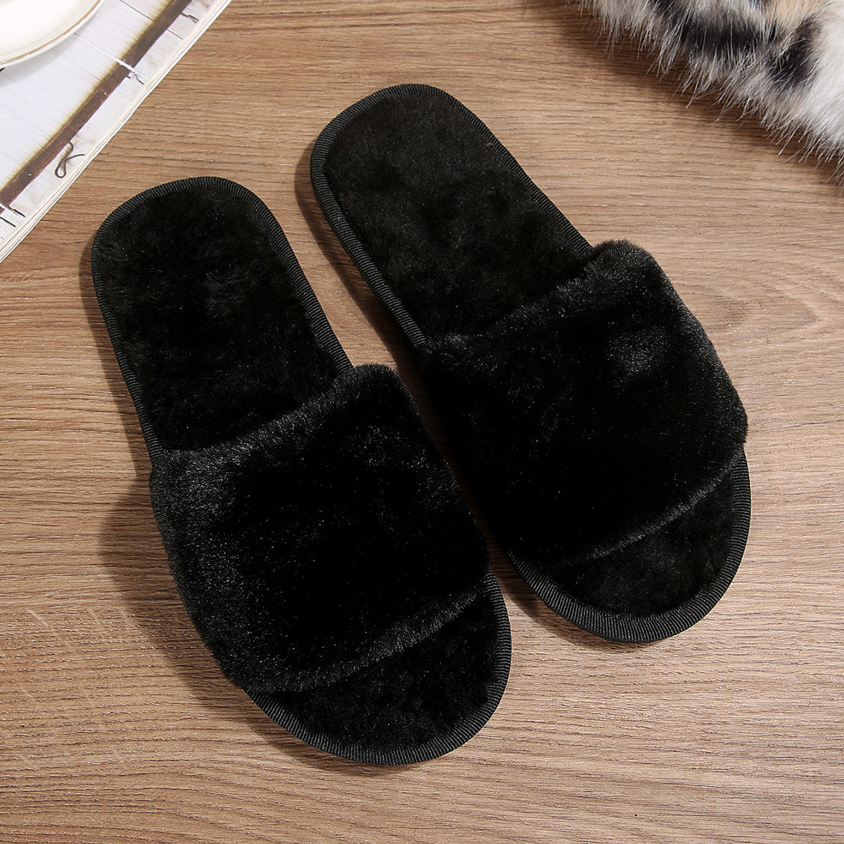 European and American cross-border women's shoes, export fashion fur slippers, daily commuting warmth, solid color round toe flat thick-soled fur shoes
