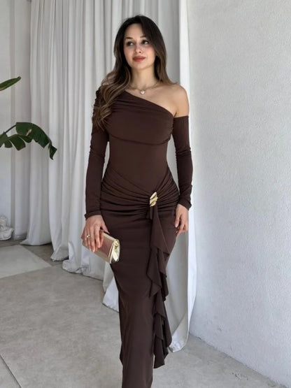 Cross-border autumn new European and American clothing temperament solid color diagonal collar one shoulder long sleeve waist streamer hip wrap dress for women