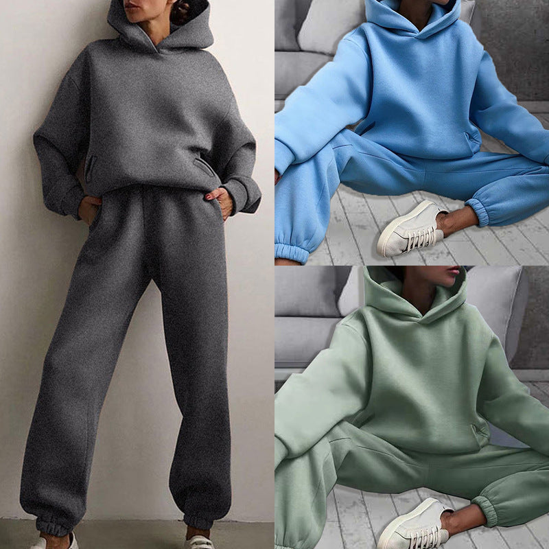 2026 New Cross-border European and American Fashion Casual Sports Style Solid Color Thickened Hooded Sweatshirt Fashion Suit Women