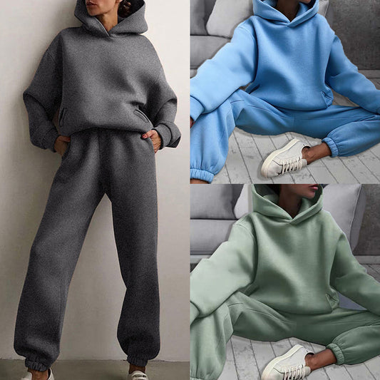 2026 New Cross-border European and American Fashion Casual Sports Style Solid Color Thickened Hooded Sweatshirt Fashion Suit Women