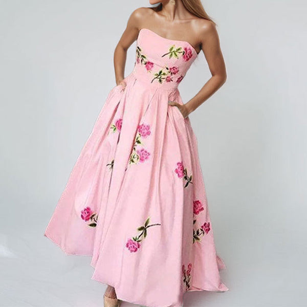 2026 spring new Amazon European and beautiful women's clothing temperament elegant big swing dress printed bandeau high-waisted dress