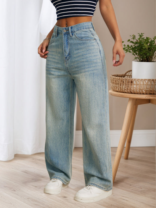 High-waisted light-colored wide-leg jeans for women, loose, slimming, drapey thin straight-leg floor-length pants, JEANS wide-leg slimming