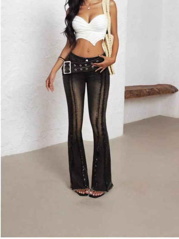 Cross-border AliExpress foreign trade model new women's low-rise flared pants with sun buckle raw hem women's jeans