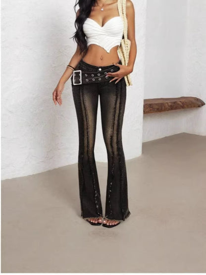 Cross-border AliExpress foreign trade model new women's low-rise flared pants with sun buckle raw hem women's jeans