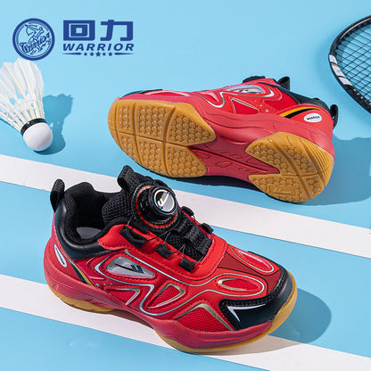 Red boys' button-down shoes, cool leather plus net badminton shoes, autumn new pull-back children's shoes, indoor sports shoes